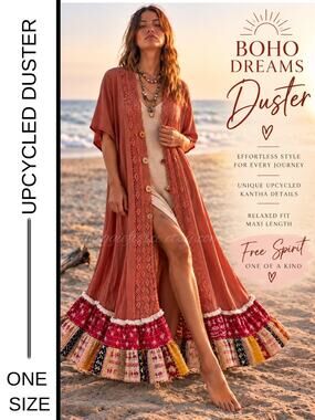 MSRP: $98 | ✨ OOAK Upcycled Kantha Boho Maxi Duster – One Size ✨SAME DAY SHIP